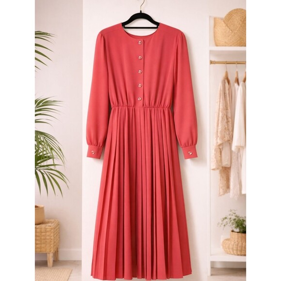 Henry Lee Dresses & Skirts - Vintage 90s Henry Lee Coral Pleated Dress Petite 8P Classic Elegant Romantic Aca